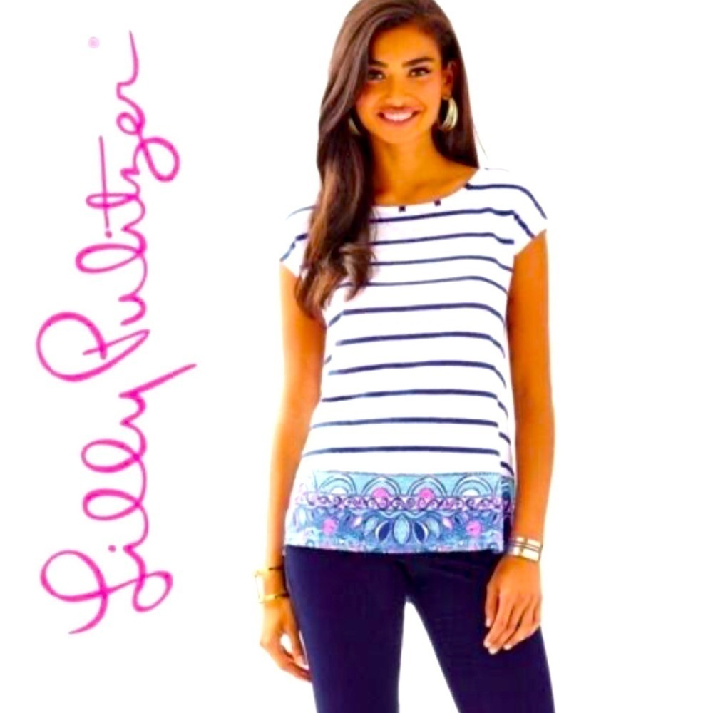 Lilly Pulitzer Aimee Easy Fit Tee 100% Linen Boatneck Hem Vents Stripe Sz XS